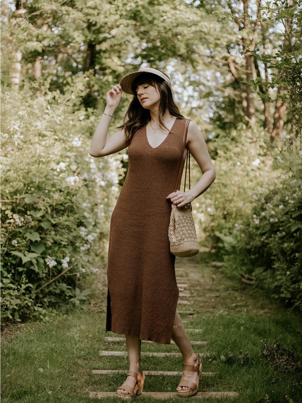 OZMA of California Vee Dress XS/S Cocoa Brown Textured Cotton Boucle Knit Midi